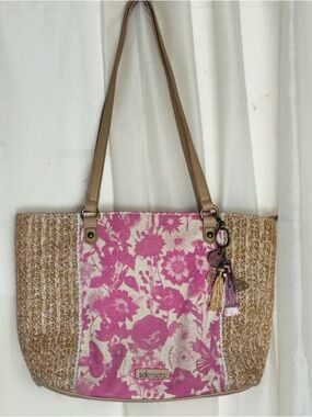 Sakroots Meadow Floral Rose in Bloom Tassel Keychain Straw Tote Shoulder Bag